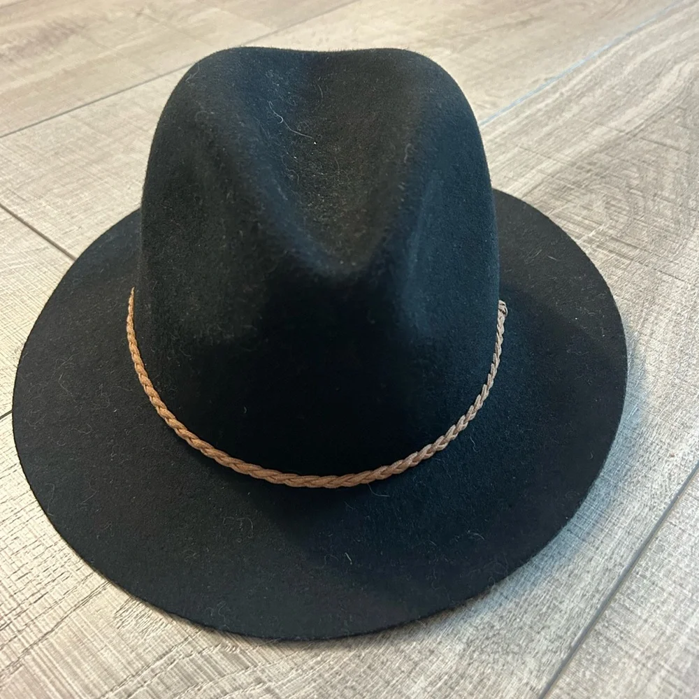 Chico's Black Wool Felt Fedora Hat with Braided Trim – Wide Brim Rancher One Sze